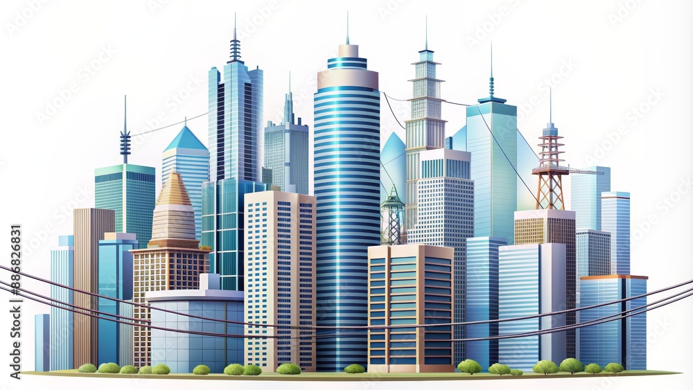Fototapeta premium Modern Cityscape with Power Lines and Lush Greenery, skyscrapers, urban design, city life, metropolis