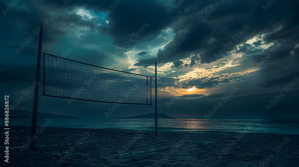 A volleyball net is visible in the sky with a storm in the background A volleyball net is visible in the sky with a storm in the background