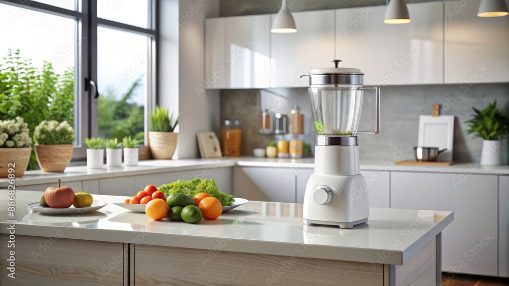 Modern Kitchen Counter with Blender and Fresh Fruit, 3D Rendering, Blender, Kitchen, Countertop