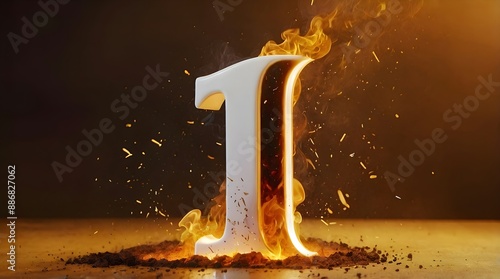 The number 1 in 3D, in white color, it's on fire, there are yellow fire flames on it, it's burning, there is a lot of smoke around, smooth orange background. photo