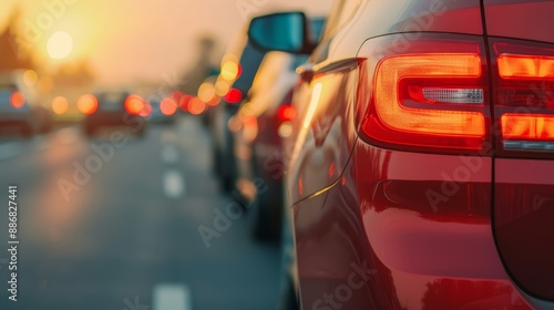  A scene of several cars parked along the roadside as the sun sets behind them © Mikus