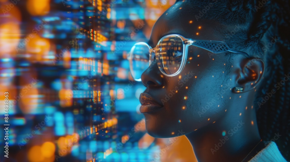 custom made wallpaper toronto digitalAI cyber security threat, female african american IT specialist analysing futuristic holographic data information.  blue & orange colour, sugmented reality artificial intelligence concept banner