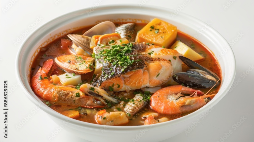 A bowl of soup with shrimp, potatoes, and squash A bowl of soup with shrimp, potatoes, and squash