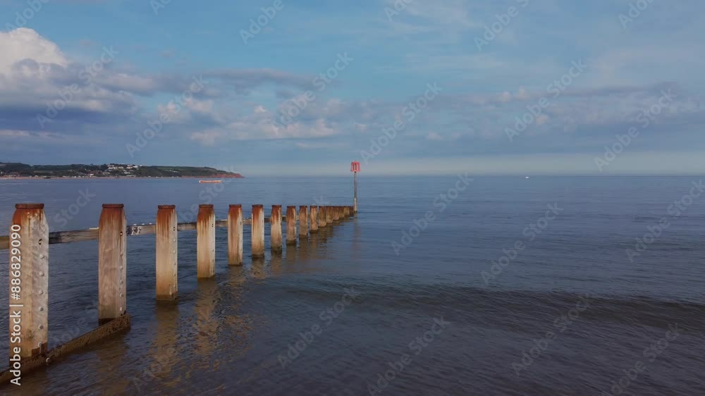 A drone view of a groyne on the beach at Dawlish Warren, guarding the mouth of the River Exe, Devon, England, United Kingdom, Europe A drone view of a groyne on the beach at Dawlish Warren, guarding the mouth of the River Exe, Devon, England, United Kingdom, Europe