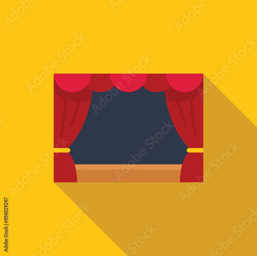Red stage curtain with golden tassels framing empty stage with yellow background, in flat design style