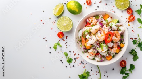 A bowl of shrimp and vegetables with a white background