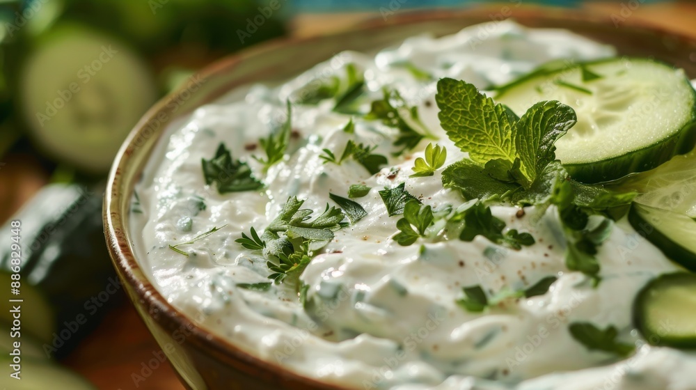 A bowl of white dip with green herbs and cucumber slices A bowl of white dip with green herbs and cucumber slices