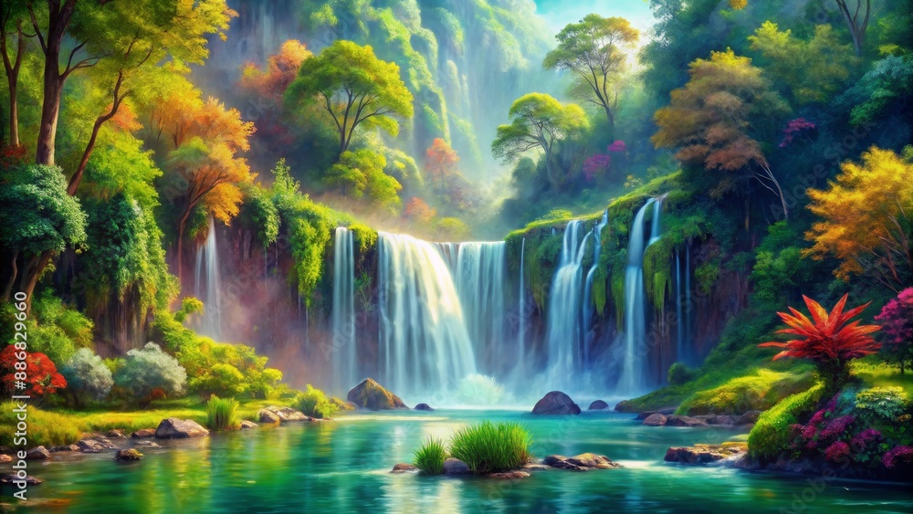 Obraz premium Serene Waterfall Oasis Lush Green Forest, Tranquil Water, Sunbeams, Digital Painting, Waterfall, Nature, Landscape