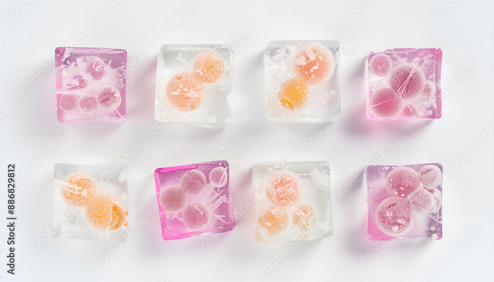 Cryopreservation of genetic material. Ovum and sperm cells in ice cubes on white background Cryopreservation of genetic material. Ovum and sperm cells in ice cubes on white background