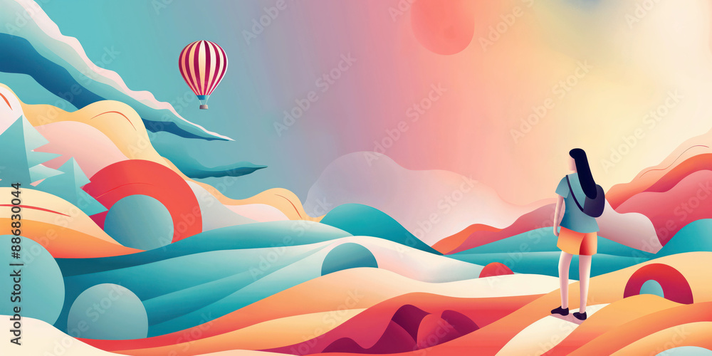 Surreal landscape illustration with colorful mountains, a hot air balloon, and a person looking at the scenery, digital art concept Surreal landscape illustration with colorful mountains, a hot air balloon, and a person looking at the scenery, digital art concept