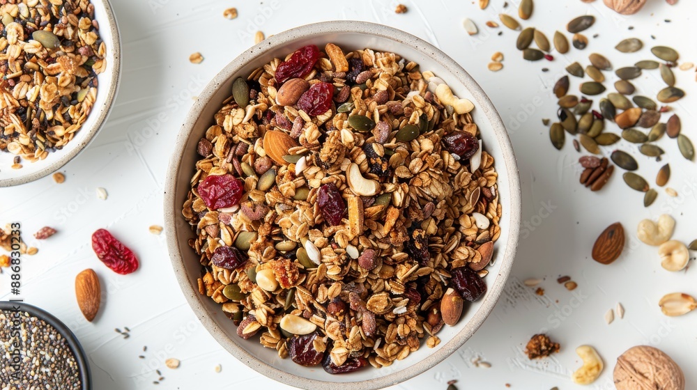 Bowl of granola with nuts and raisins Bowl of granola with nuts and raisins