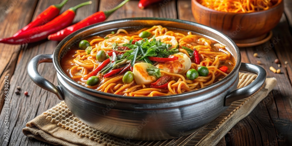 Spicy Noodle Soup with Egg and Vegetables in a Silver Pot, Asian Cuisine , Spicy Noodles , Noodle Soup , Egg Noodles Spicy Noodle Soup with Egg and Vegetables in a Silver Pot, Asian Cuisine , Spicy Noodles , Noodle Soup , Egg Noodles