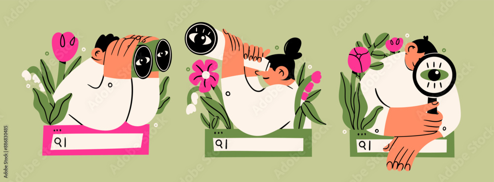Fototapeta premium Set of people with binoculars, magnifying glass on search bar with flowers. Searching, finding, web surfing, looking for opportunities concept. Hand drawn Vector illustration. Isolated design elements