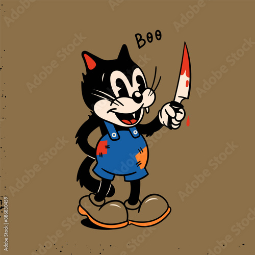 Spooky black cat with knife. Halloween concept. Hand drawn modern Vector illustration. Isolated design element. Cute creepy, scary, funny character. Cartoon retro style. Logo, print, design template
