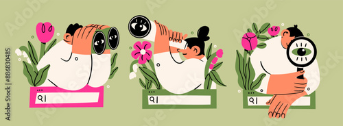 Set of people with binoculars, magnifying glass on search bar with flowers. Searching, finding, web surfing, looking for opportunities concept. Hand drawn Vector illustration. Isolated design elements