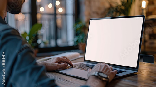 Over shoulder shot of a young man using computer laptop in front of an blank white computer screen in home
