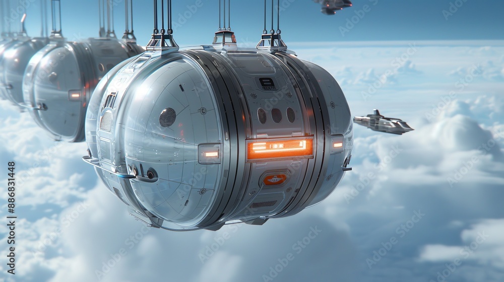 Sci-fi concept of a space elevator reaching from Earth to geostationary orbit, with futuristic transport pods and cargo ships. Illustration, Image, , Minimalism,