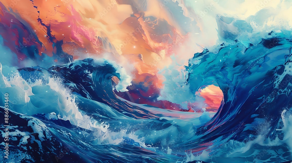 Fototapeta premium Digital art of stormy ocean, bright colors, and dynamic shapes
