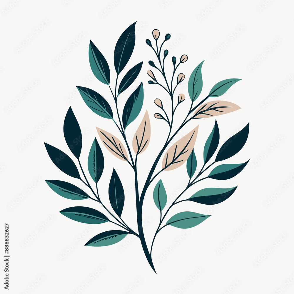 A stylized botanical design features a sprig with green leaves and pink blossoms. A stylized botanical design features a sprig with green leaves and pink blossoms.