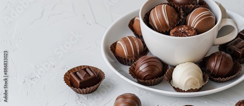 A cup filled with chocolates placed on a plate against a white background, ideal for a copy space image. photo