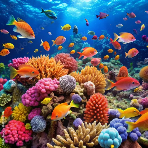 Tropical Reef with Vivid Fish and Coral, Underwater Scene, Ocean Life, Coral Reef , Fish , Sea Life