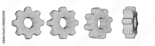 3D vector gear and cogwheel, wireframe mesh icon set on white background. Technical security, online support, and industrial innovation. Engineering, cyber security design elements.