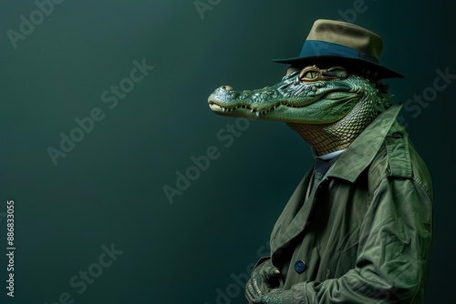 A crocodile in a detectives trench coat and hat inspects clues on a dark green background, with ample copy space