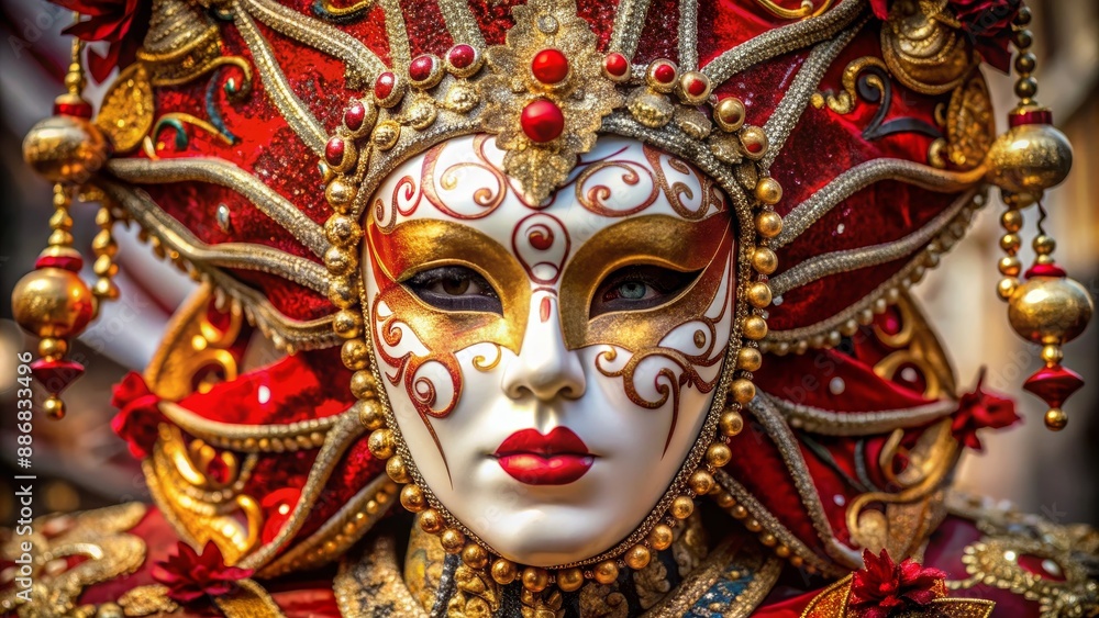 Venetian Carnival Mask with Red and Gold Ornate Details, Venetian Mask, Carnival Costume, Italian Tradition, Festive Decor Venetian Carnival Mask with Red and Gold Ornate Details, Venetian Mask, Carnival Costume, Italian Tradition, Festive Decor