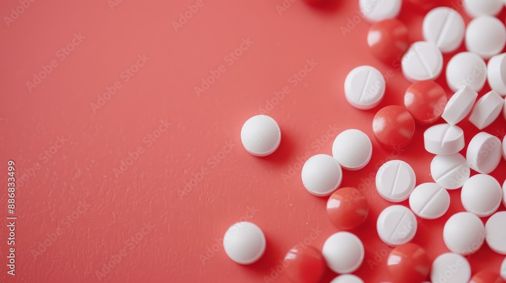 A stack of white and red pills on a red table, adjacent to a bottle of both colors A stack of white and red pills on a red table, adjacent to a bottle of both colors