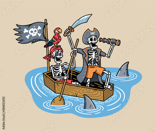 pirate skull with coffin ship in the sea
