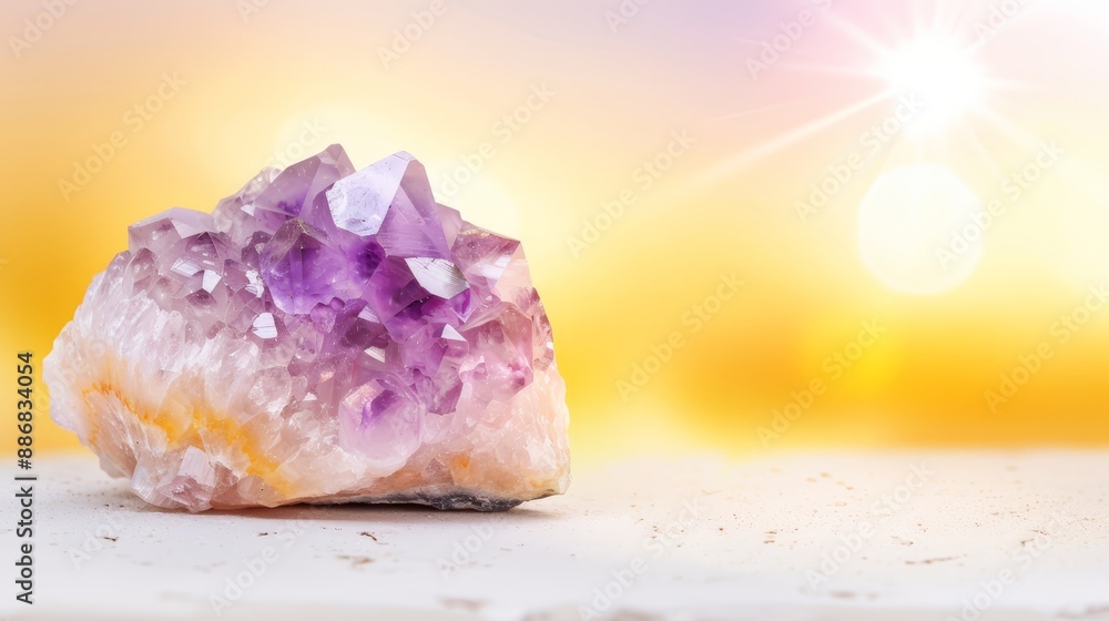 A purple and white rock sits atop a white table Behind it, a yellow and pink light gleams A purple and white rock sits atop a white table Behind it, a yellow and pink light gleams