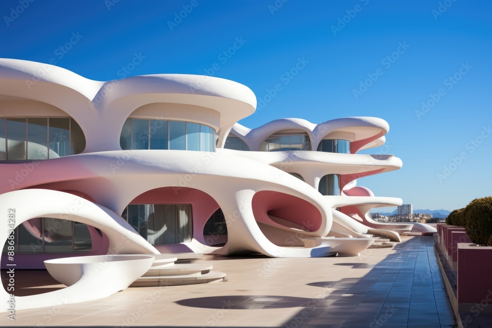 Obraz premium Low angle view of the modern building against the light blue sky, generative IA