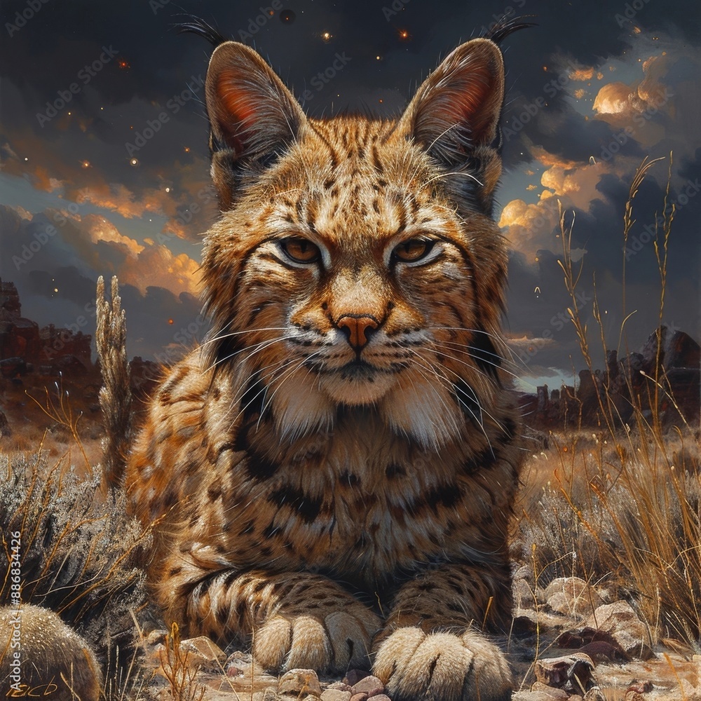 Fototapeta premium Majestic Bobcat Prowling in Rugged Mountain Landscape Illuminated by Dramatic Sunset Lighting