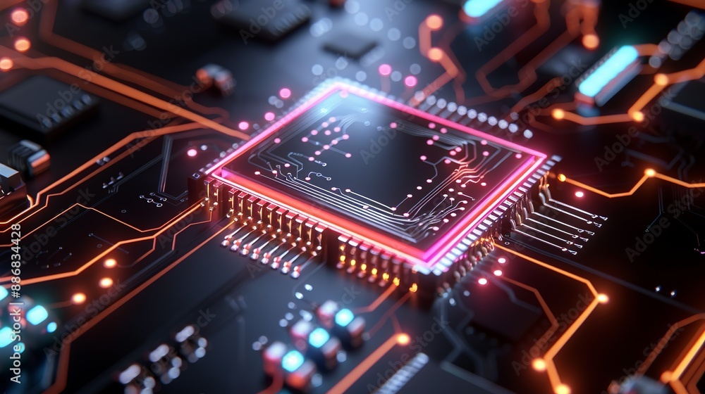 Modern digital circuit patterns in bold neon colors, ideal for technology-themed presentations and ads. Illustration, Image, , Minimalism, Modern digital circuit patterns in bold neon colors, ideal for technology-themed presentations and ads. Illustration, Image, , Minimalism,