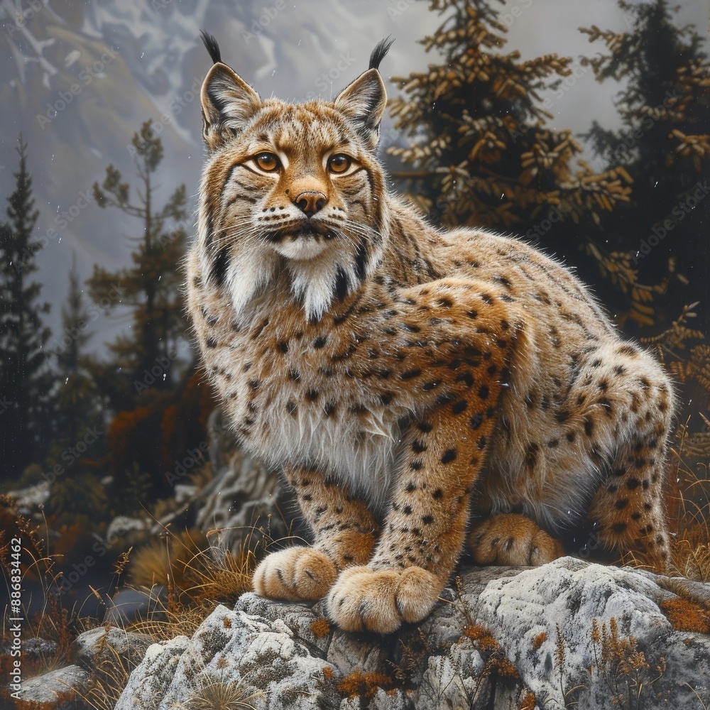 Naklejka premium Powerful Eurasian Lynx Stalking in Autumnal Woodland Forest Habitat