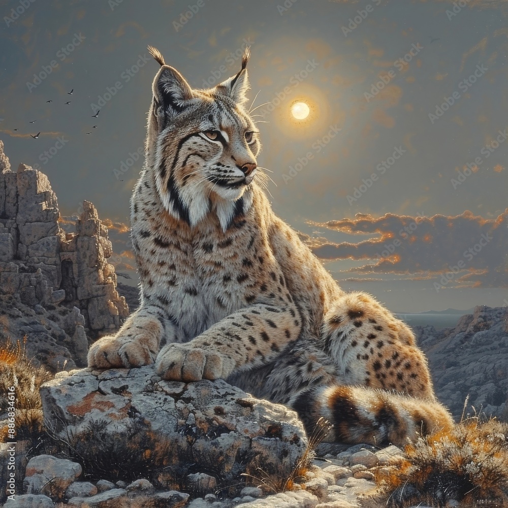 Obraz premium Majestic Iberian Lynx Surveying Its Natural Habitat at Sunset in the Mountainous Terrain