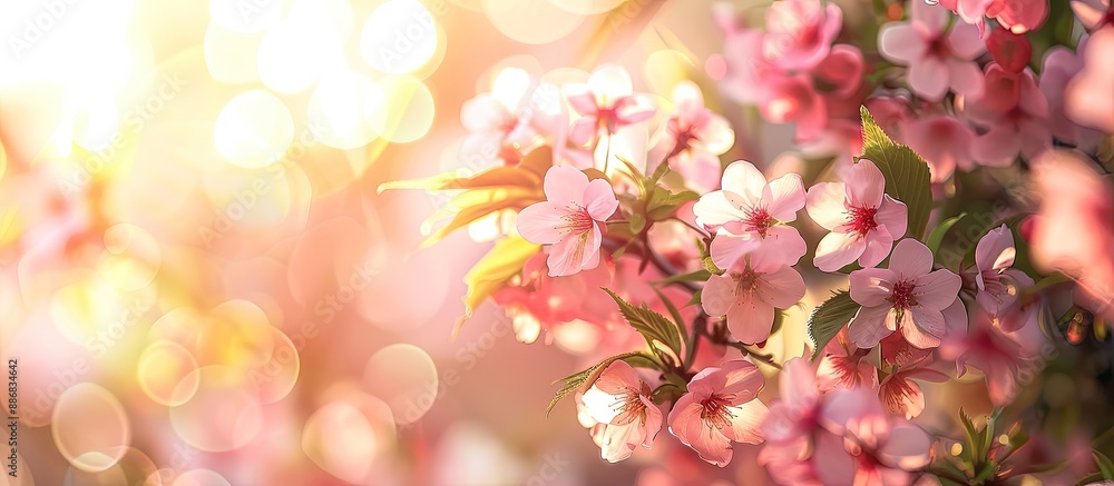 Springtime pink cherry blossom flowers blooming with a natural sunny blurred garden as a background for a copy space image. Springtime pink cherry blossom flowers blooming with a natural sunny blurred garden as a background for a copy space image.