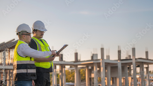 Two Asian engineer working at site of a large building project,Thailand people,Work overtime at construction site,Team of engineer discus at site