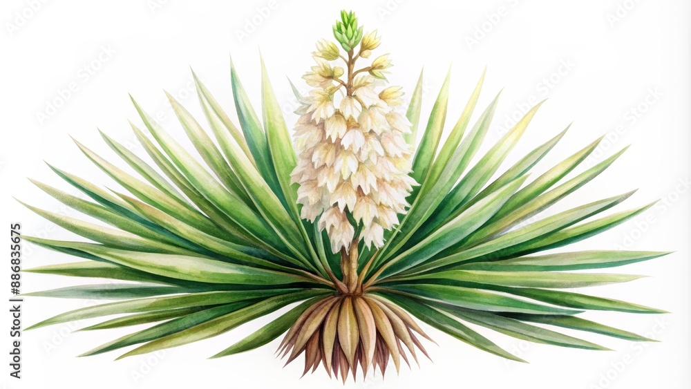 Watercolor Illustration of a Yucca Plant with White Blossoms, watercolor, botanical art, yucca flower, green leaves , yucca , desert plant Watercolor Illustration of a Yucca Plant with White Blossoms, watercolor, botanical art, yucca flower, green leaves , yucca , desert plant