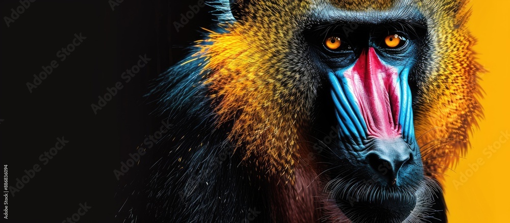 A banner featuring a vibrant portrait of a colorful African mandrill on a black and yellow gradient background, providing space for text alongside the image. A banner featuring a vibrant portrait of a colorful African mandrill on a black and yellow gradient background, providing space for text alongside the image.