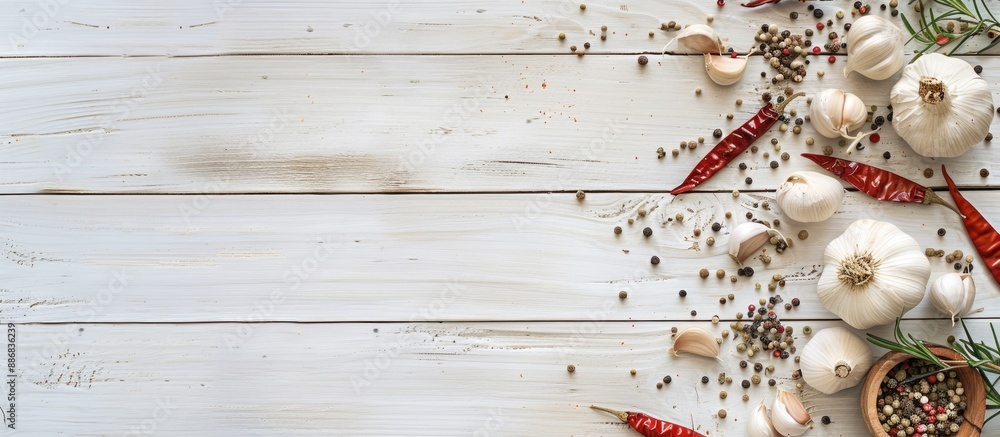White wooden table background with garlic and spices, ideal for showcasing with copy space image. White wooden table background with garlic and spices, ideal for showcasing with copy space image.