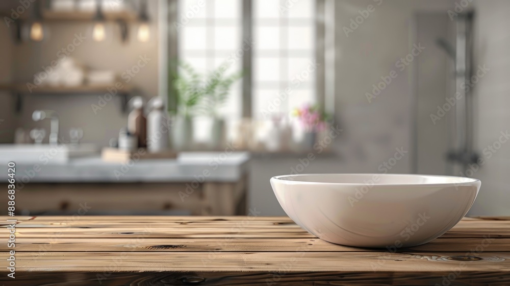 Blurred bathroom background for showcasing products on wooden table top Blurred bathroom background for showcasing products on wooden table top
