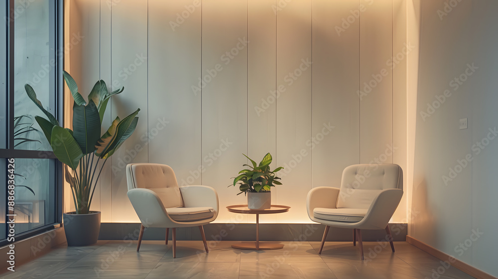 Fototapeta premium A room with a white couch and two chairs