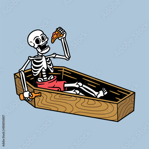 skull eating pizza in coffin
