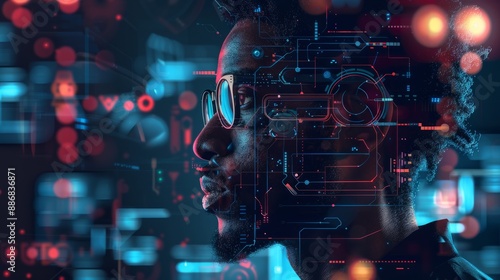 AI Cybersecurity threat Illustration concept AI banner. African American Black male IT specialist analyzes data Information technology privacy Leaks AR Artificial Intelligence - AR