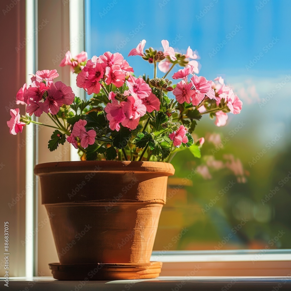 Pink Geraniums in Terracotta Pot on Windowsill Pink Geraniums in Terracotta Pot on Windowsill