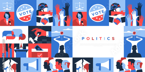 Politics concept web template illustration. Modern geometric mosaic style background for political election season, social issues design. President choice, government campaign banner.