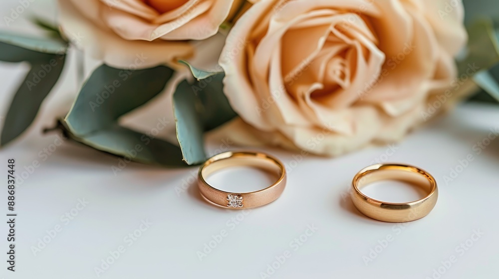 Golden wedding bands and a pair of soft toned roses on a white backdrop Golden wedding bands and a pair of soft toned roses on a white backdrop