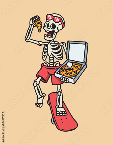 skulls skateboarding and eating pizza illustration