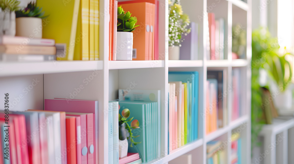 A colorful bookcase filled with books of various colors A colorful bookcase filled with books of various colors